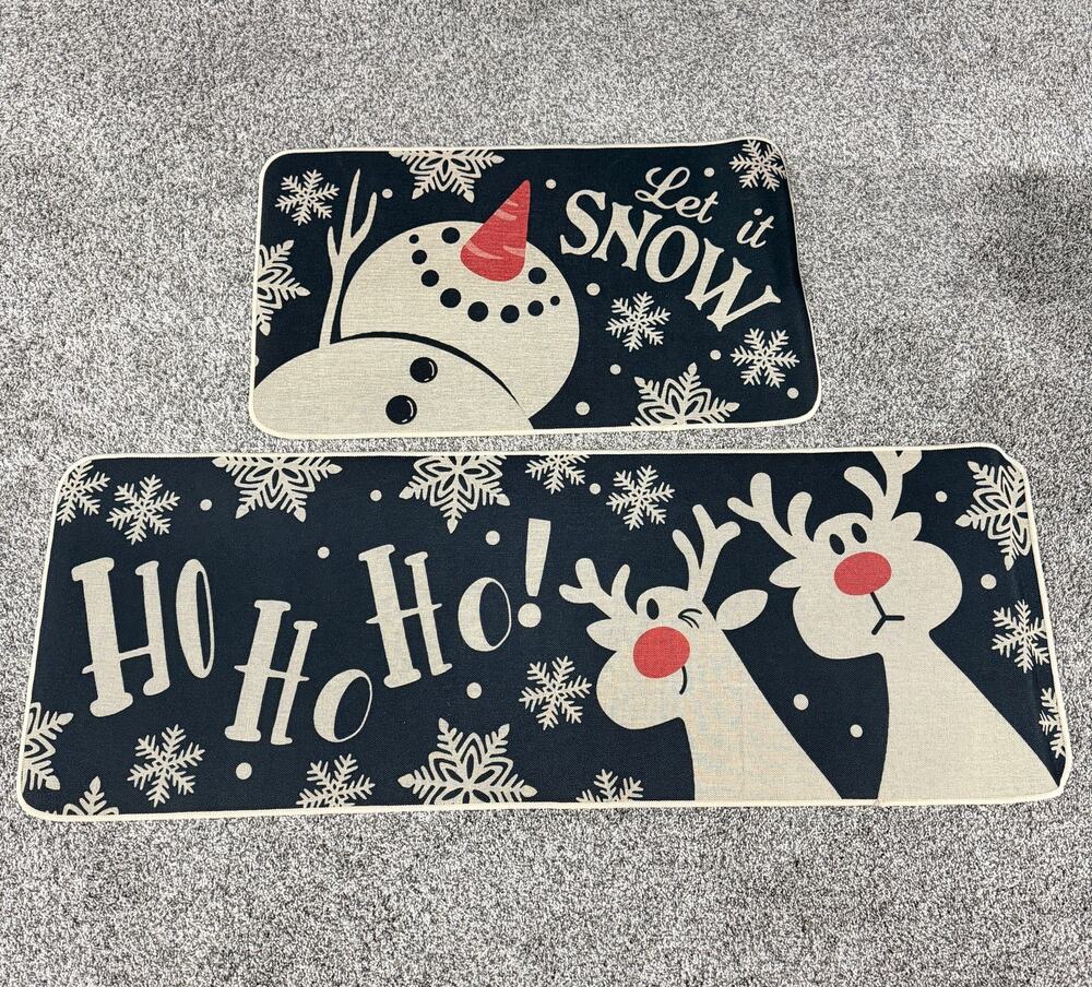 NEW Reindeer Holiday Christmas Kitchen Mats Set of 2, Non Slip Washable, Snowman